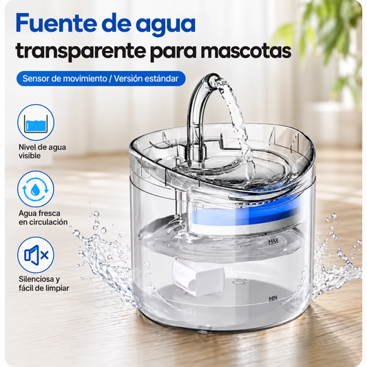 Fuente de agua transparente para mascotas con texto en español